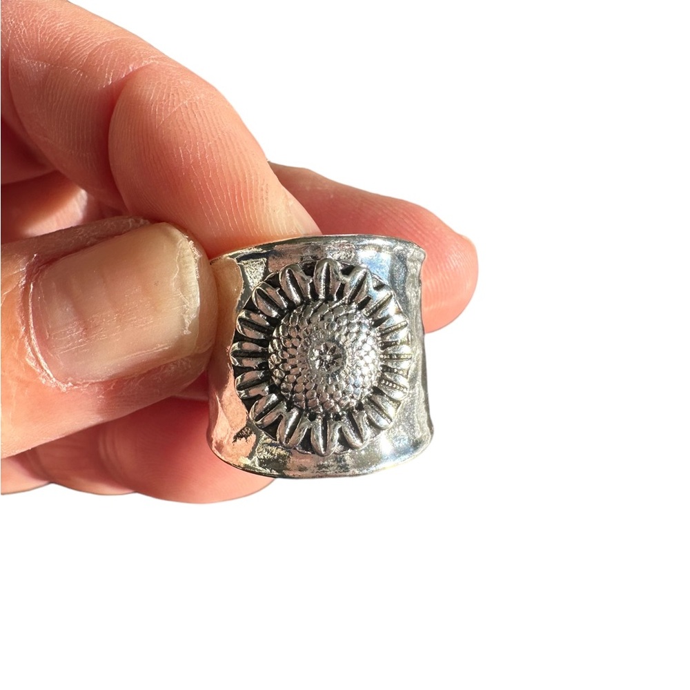 Boho Hammered Silver Ring With Silver Sunflower A… - image 5